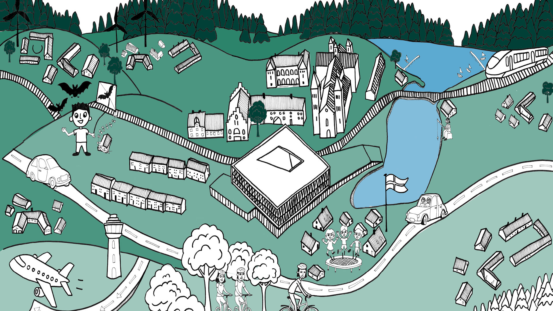 Grafik med huse, landbrug, landsbyer, søer, skov, veje