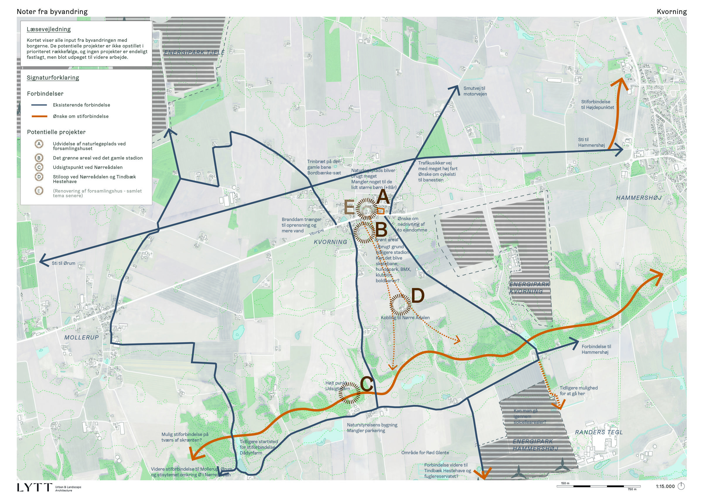 Kort og noter fra byvandring Kvorning - målestok 1:15.000