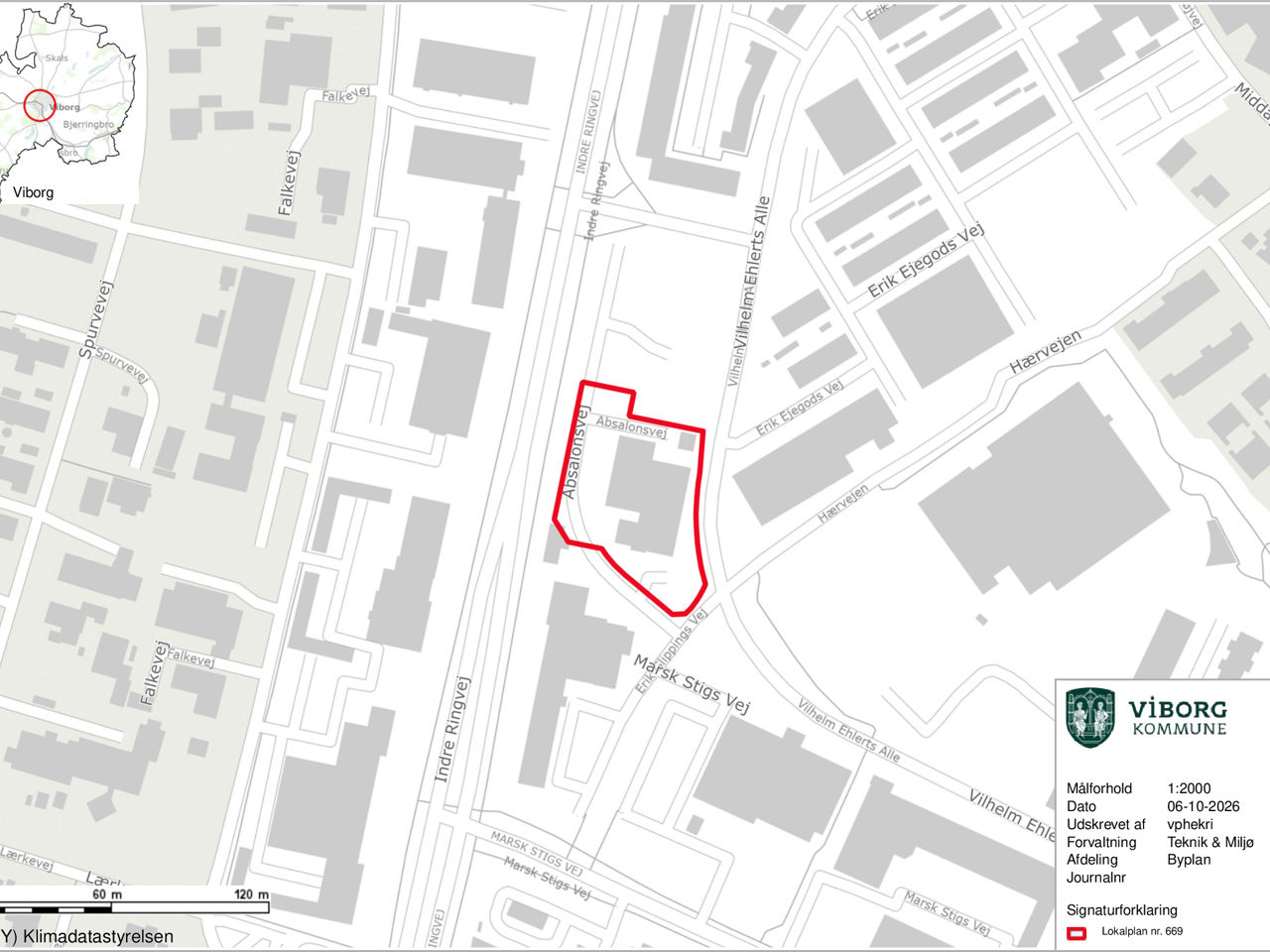 Oversigtskort over område til hotel ved Indre Ringvej i Viborg