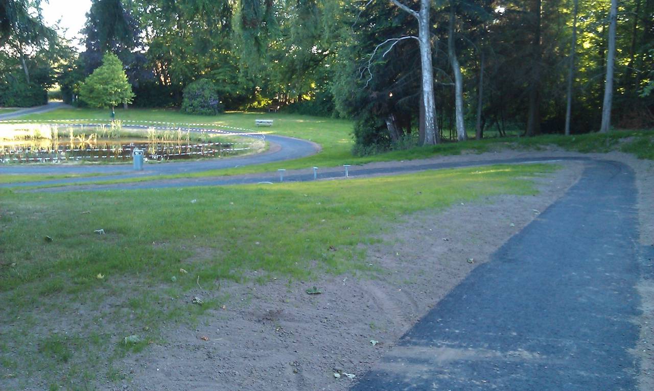 Asfaltsti, park og lille sø