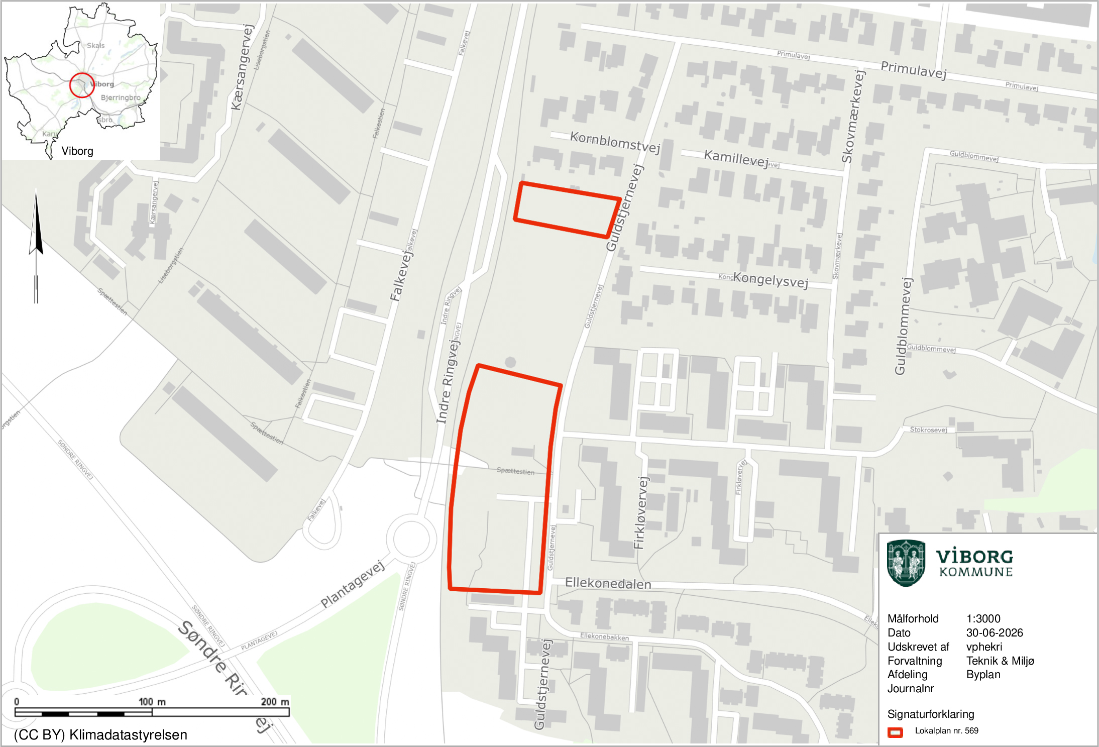 Kort over området ved Ellekonebakken i Viborg