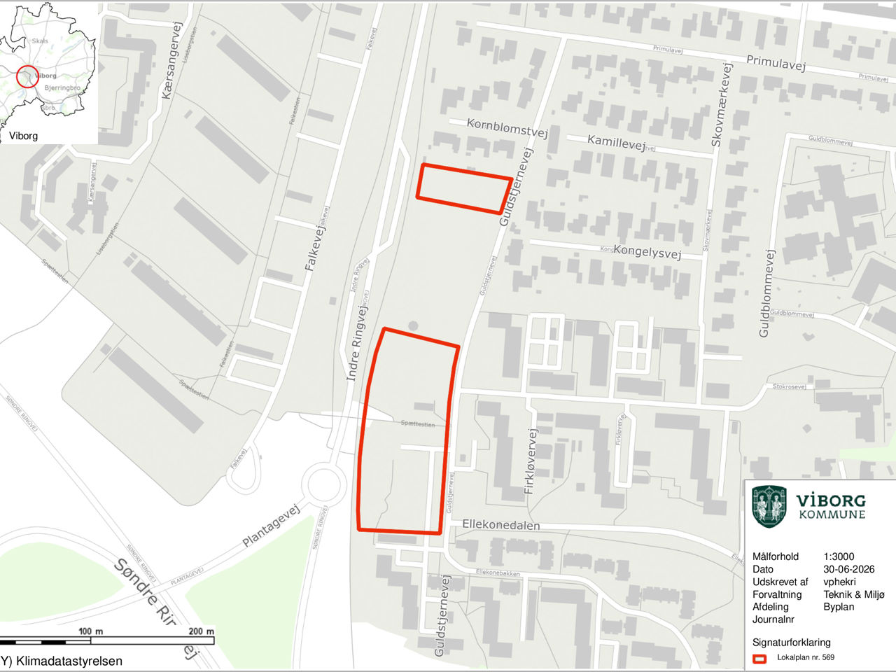 Kort over området ved Ellekonebakken i Viborg